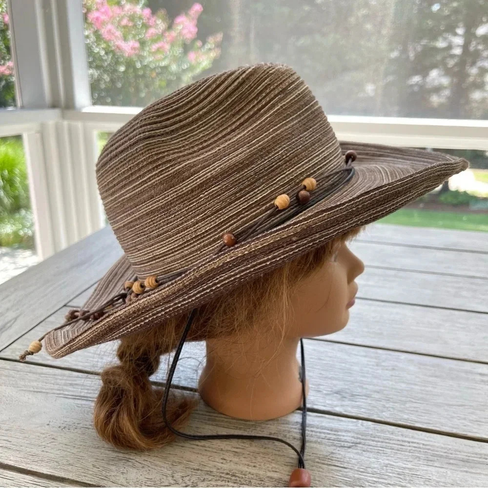 Brown Straw Beach Fedora Hat with Beaded Chin Cord